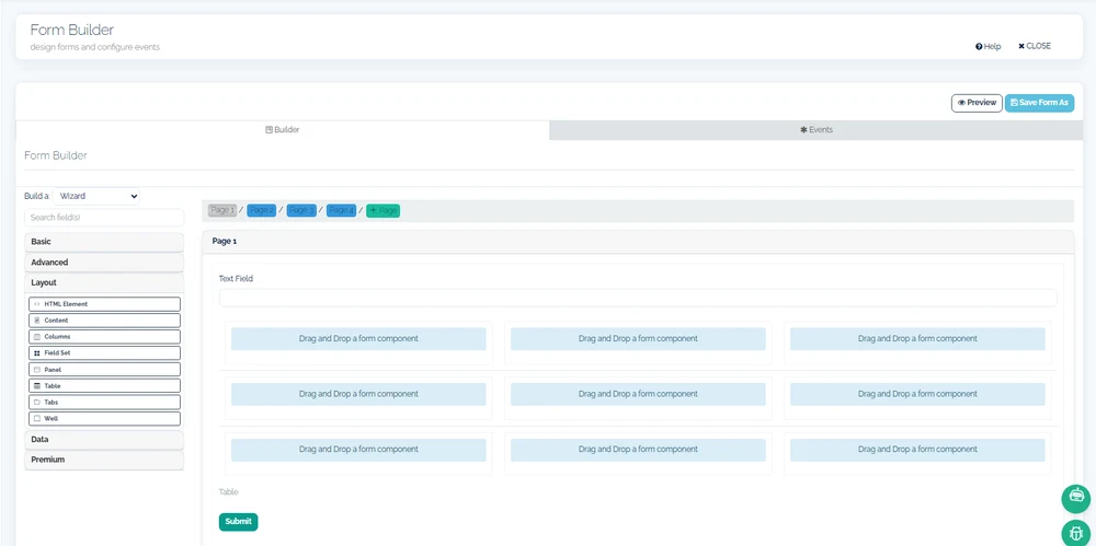 The continON Form Builder in wizard mode: four pages across the top, the layout palette open on the left, and a page holding a text field and a grid of drop zones for further components.