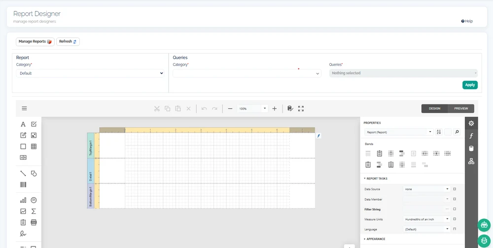 The continON Report Designer: a report bound to a category and a saved query, above the band designer with its toolbox, properties panel and report tasks.